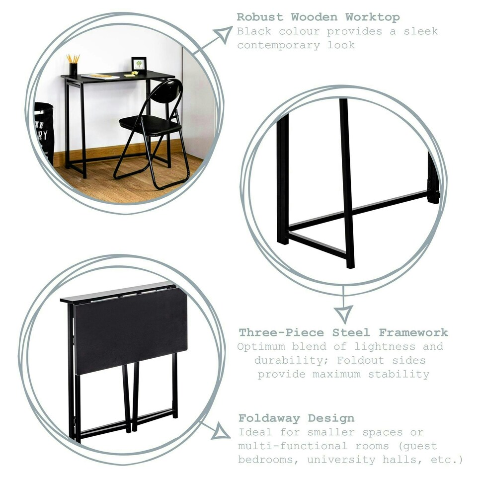 image 1 of Harbour Housewares Deluxe Wooden Folding Desk - 80cm - Black - Computer Desk Laptop Desk Office Desk PC Desk Black