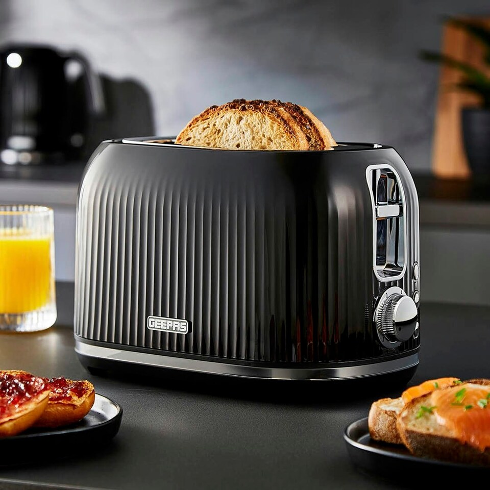 image 1 of GEEPAS Illuminating Electric Kettle 2 Slice Bread Toaster & Microwave Kitchen Combo Set | Black
