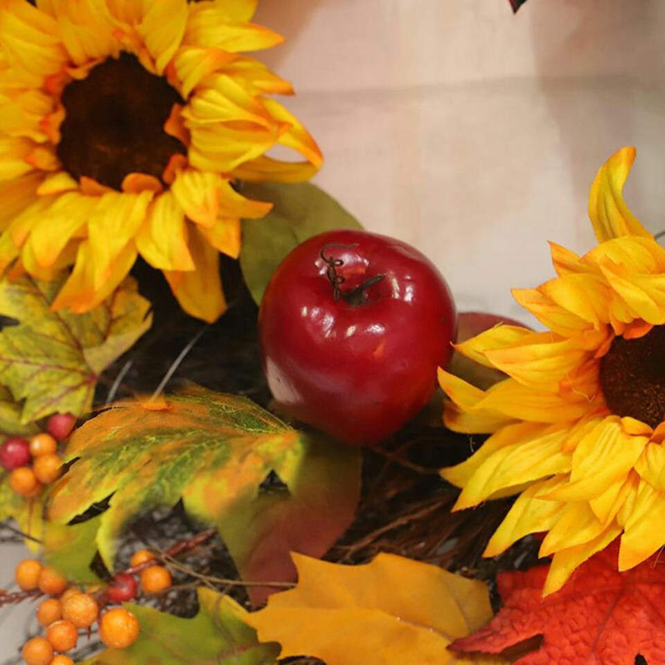 image 1 of Living and Home Autumn Wreath with Artificial Maple Leaves and Sunflowers for Halloween- 45cm dia