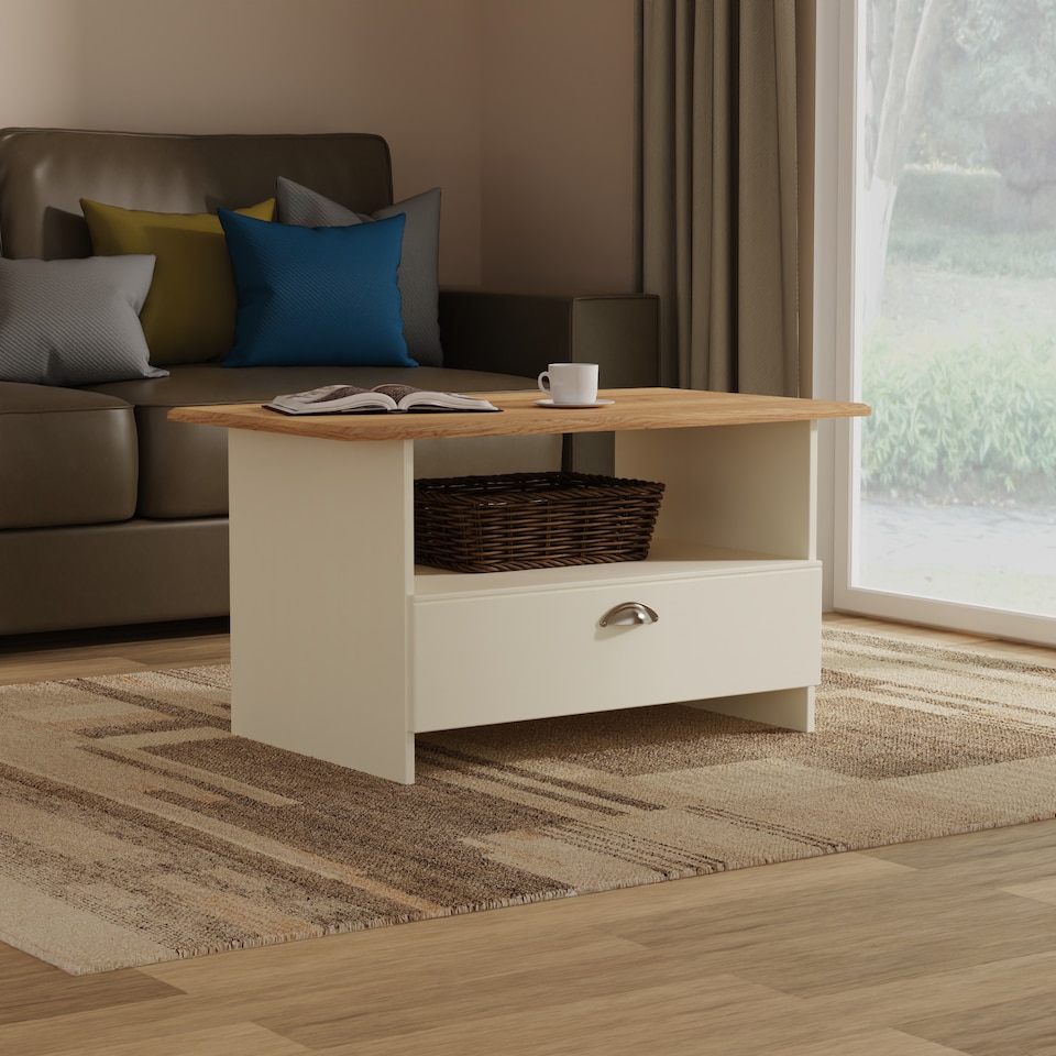 image 1 of Albert Bottom Drawer Coffee Table in Cream Ash & Riviera Oak (Ready Assembled) | Cream | Cream Ash & Riviera Oak