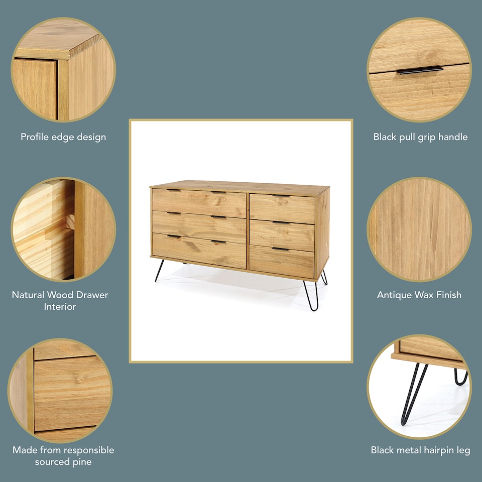 image 1 of Augusta Pine 3+3 Drawer Wide Chest of Drawers - Industrial Style Bedroom Storage Cabinet | Brown | Brown | One Size | 1