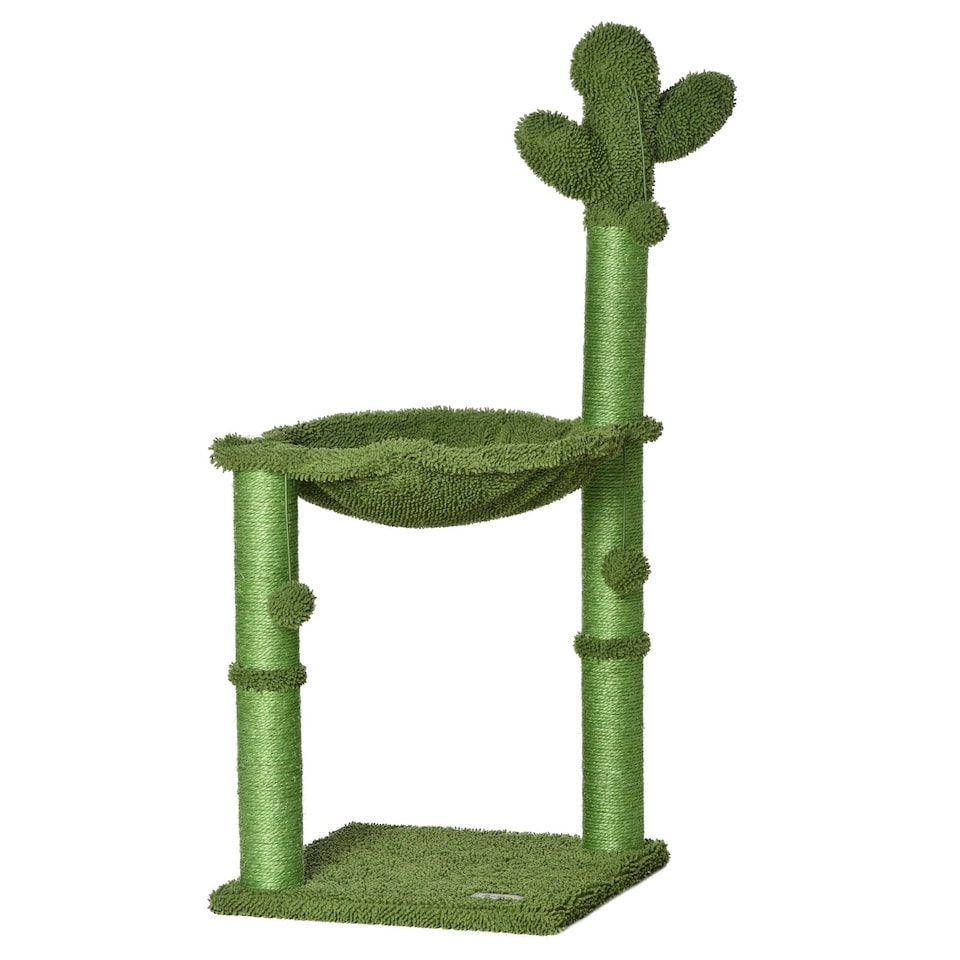image 1 of PawHut Cactus Cat Tree Tower with Sisal Scratch Post Hammock, 96cm, Green