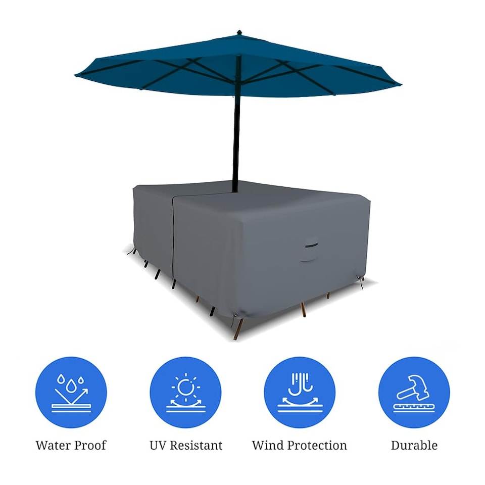 image 1 of Covers&All Rectangle Table & Chair Set Cover, Umbrella Hole, 12 Oz Waterproof UV & Weather Resistant, 108 in L x 82 in W x 23 in H, Gray