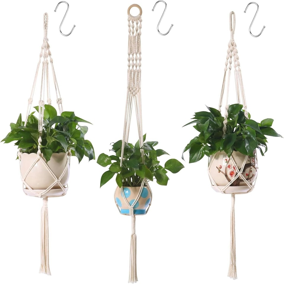 image 1 of 3 Pack Hanging Basket Indoor Outdoor Hanging Plant Pots with 3 Hooks Cream