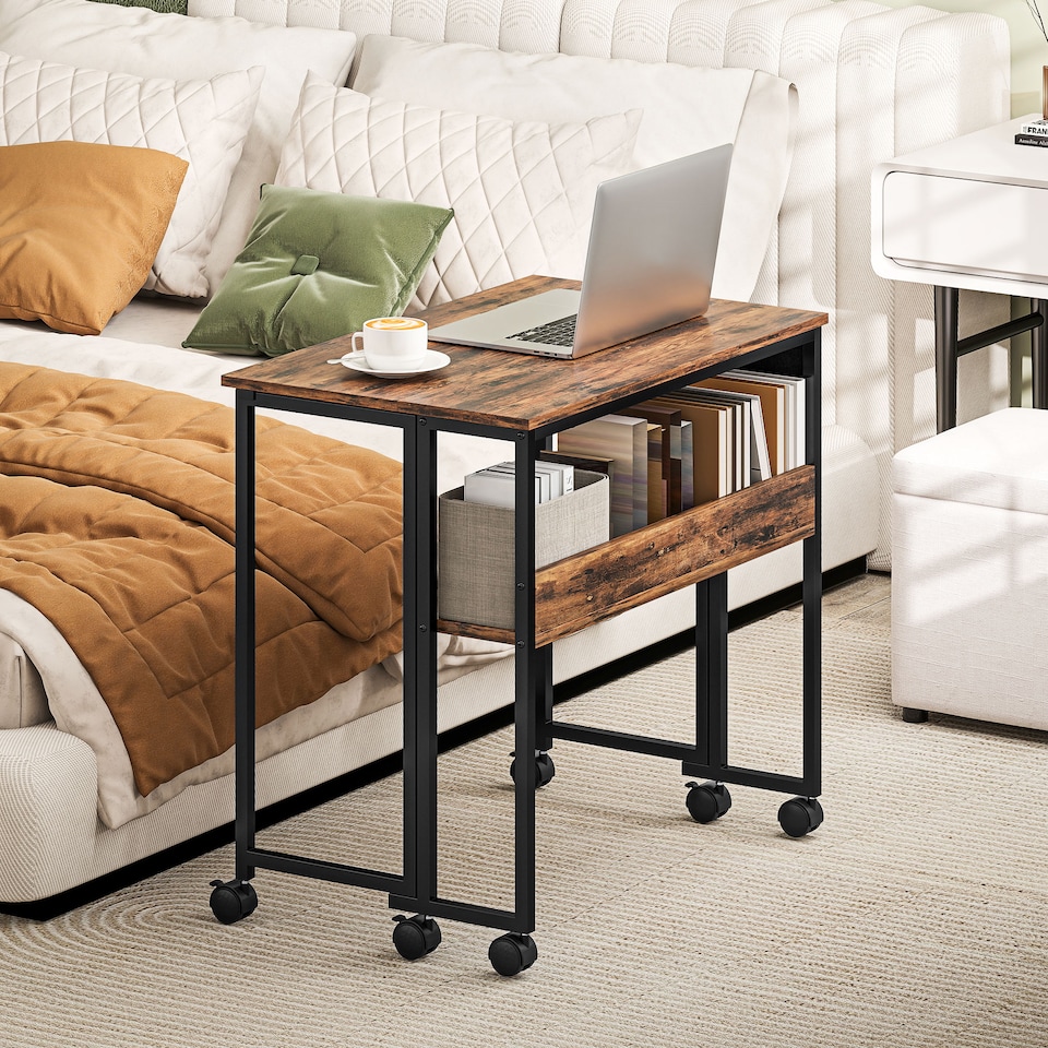 image 1 of HOMCOM 80 cm Foldable Computer Desk on Wheels for Small Spaces Rustic Brown