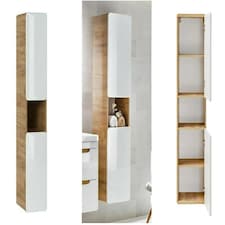 Tall Bathroom Cabinet Slim Narrow Tallboy Wall Hung Storage Unit White Gloss and Oak Floating Modern Shelving Aruba