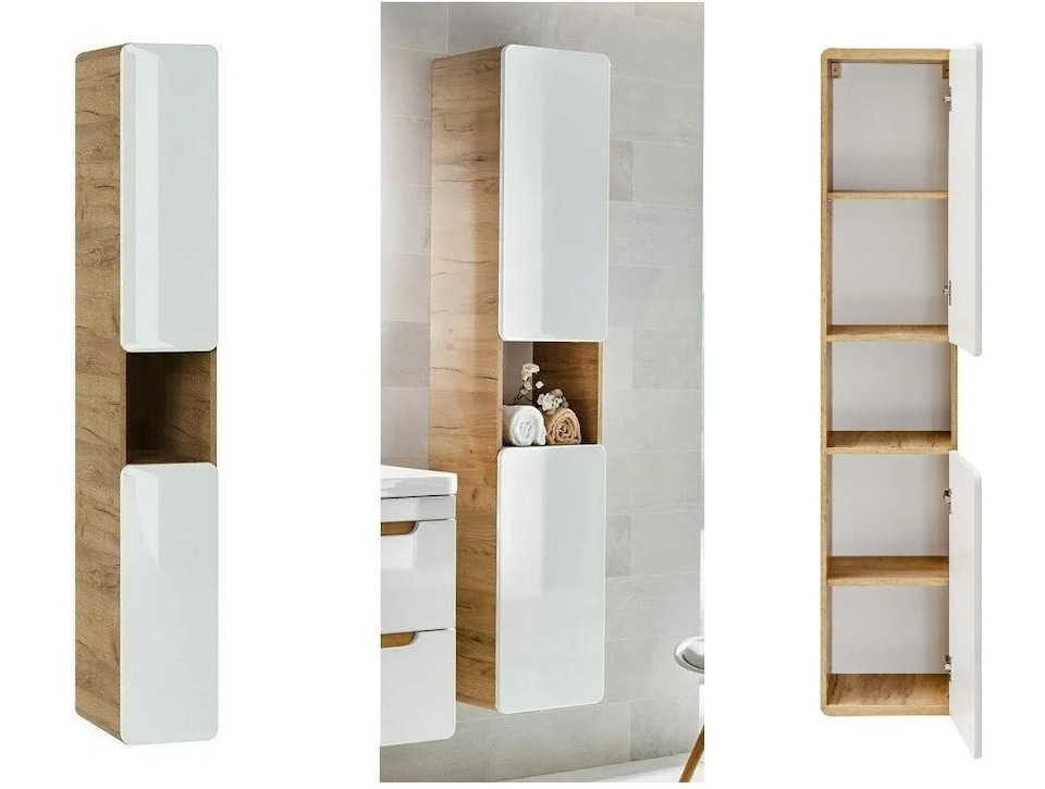 image 1 of Tall Bathroom Cabinet Slim Narrow Tallboy Wall Hung Storage Unit White Gloss and Oak Floating Modern Shelving Aruba