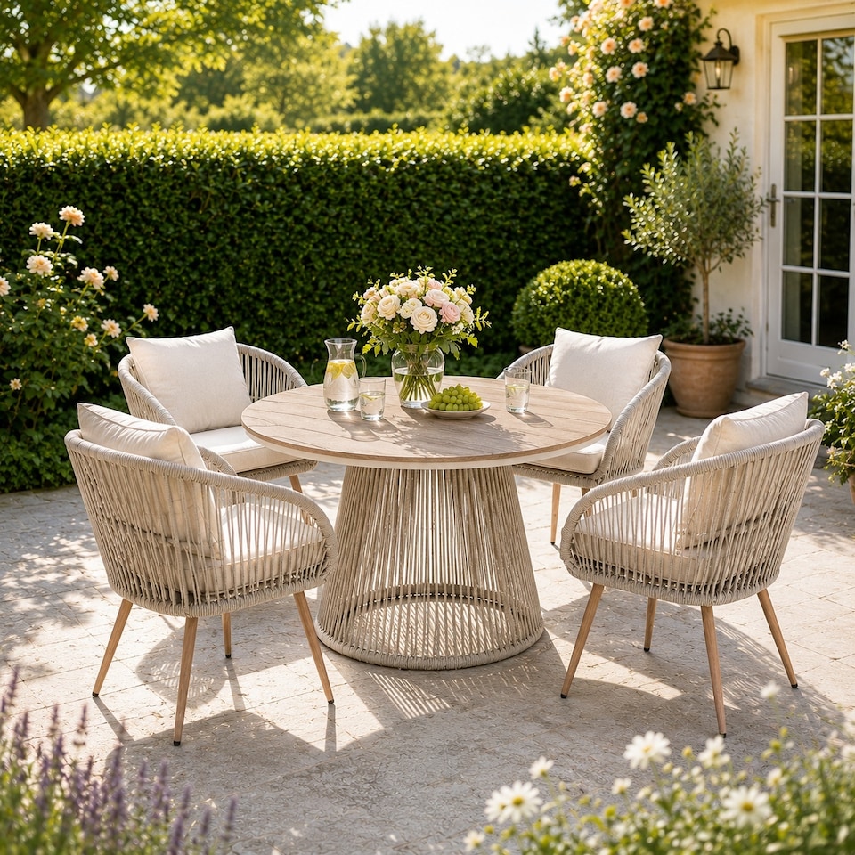 image 1 of Direct Wicker Outdoor Garden Iron Woven Round Dining Table Set with Four Chairs