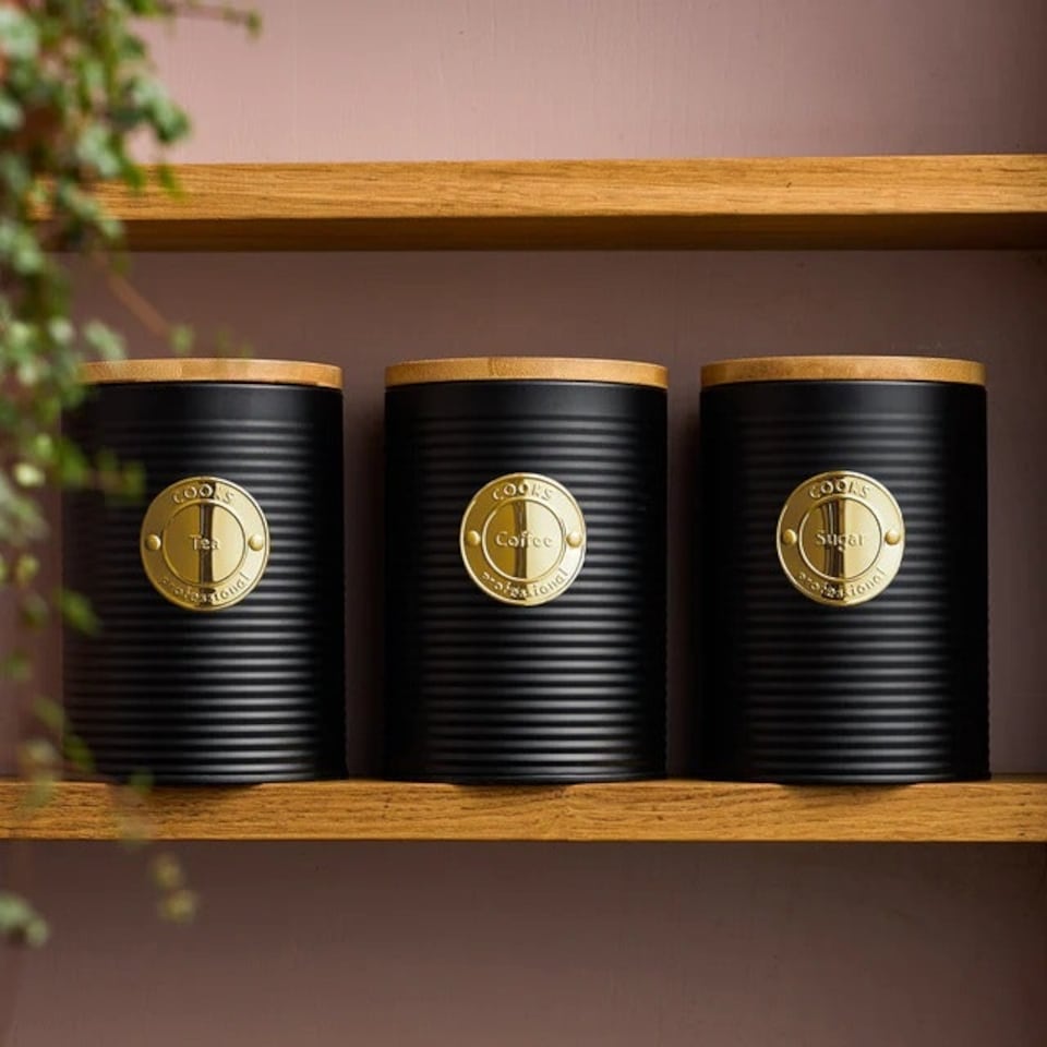 image 1 of Cooks Professional 3 Piece Ribbed Tea, Coffee, & Sugar Cannisters with Bamboo Lids | Stainless Steel Kitchen Storage Bins | Black & Gold