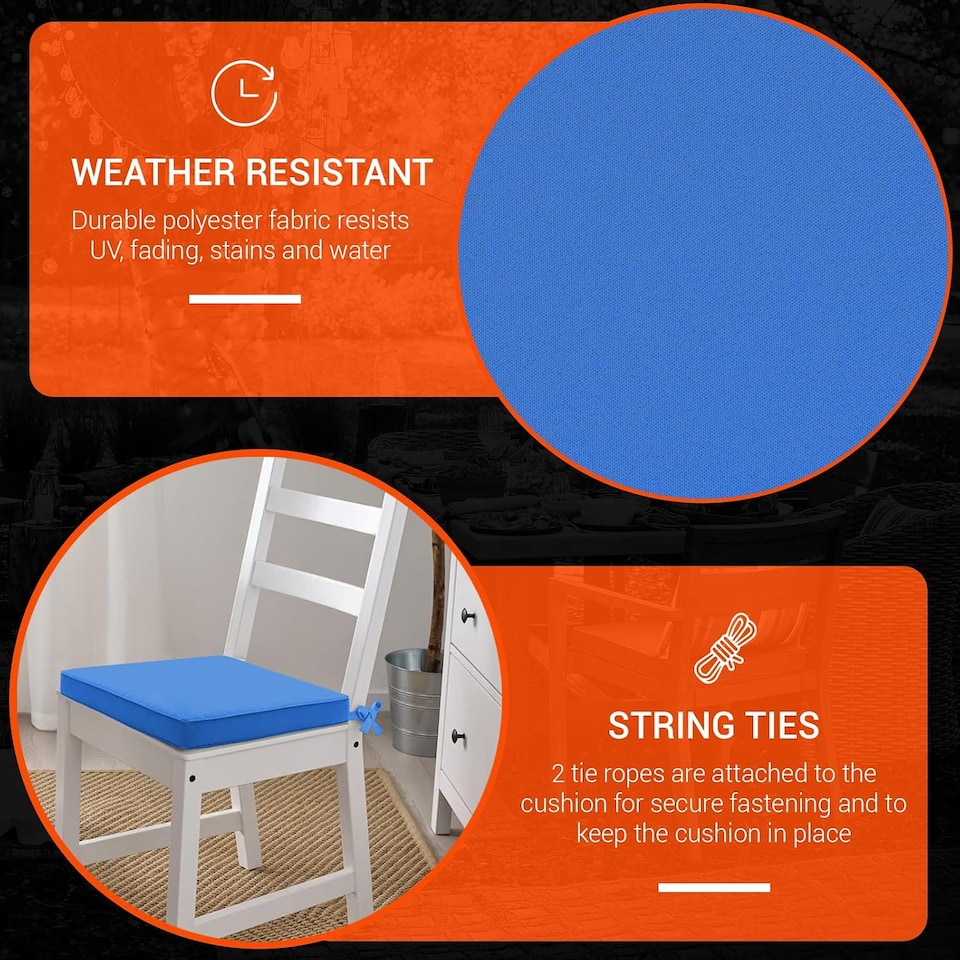 image 1 of Water Resistant Chair Cushions with Ties | Indoor & Outdoor Seat Pads | 44cm x 50cm | Blue | (Pack of 1)
