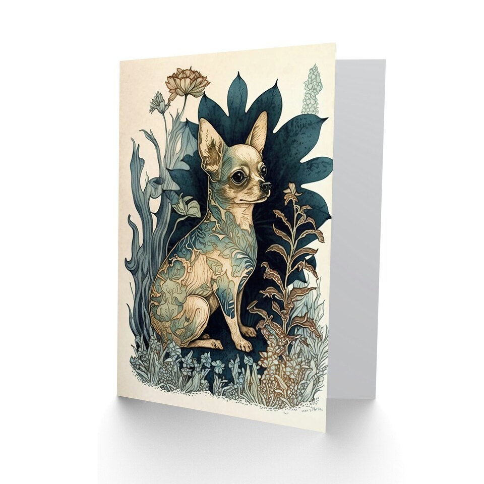 image 1 of Dog Lover Chihuahua with Flower Pattern Fur in Garden Greeting Card