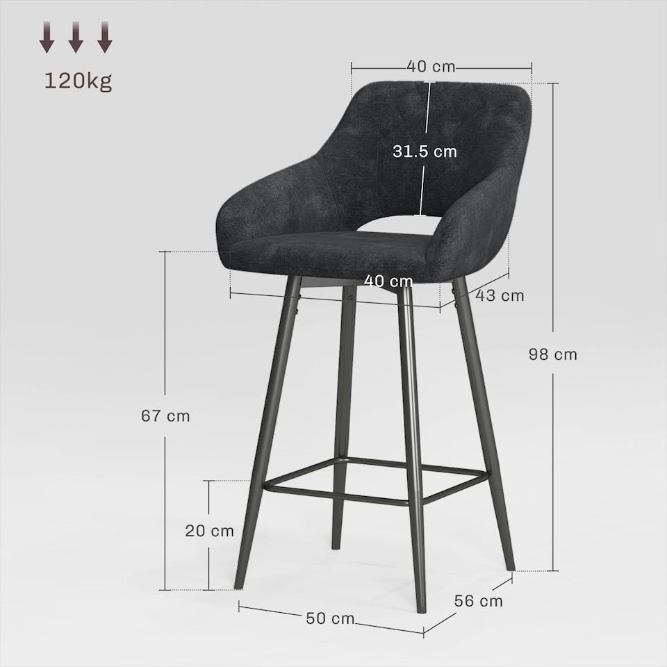 image 1 of HOMCOM Bar Stools Set of 2 Velvet-Touch Fabric Counter Bar Chairs Dark Grey