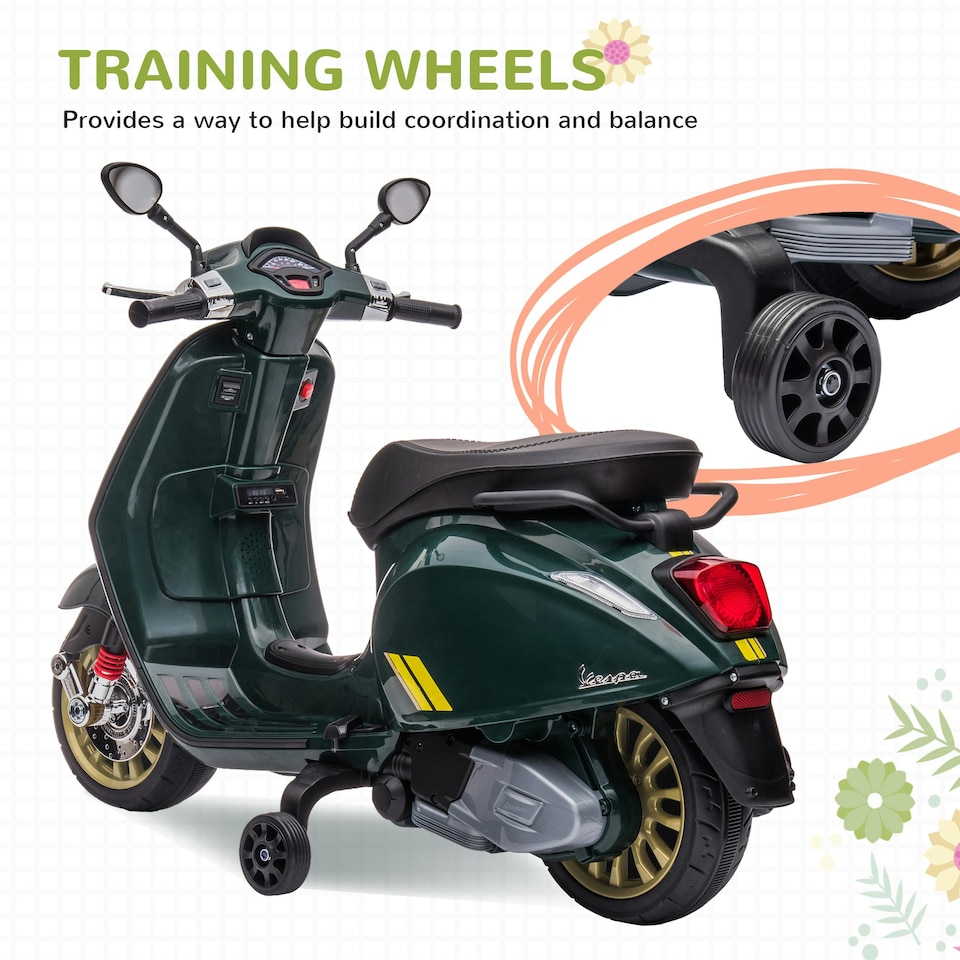 image 1 of AIYAPLAY Vespa Licensed 12V Kids Electric Bike w/ 2 Training Wheels, Green