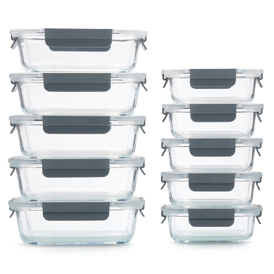 image 1 of VonShef 10Pc Glass Containers with Lids (5 x 1L and 370ml)