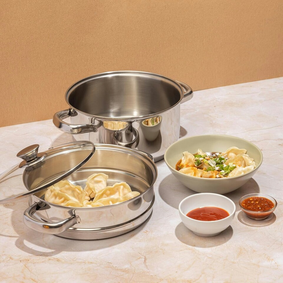 image 1 of Stainless Steel 2-Tier 20cm Casserole & Steamer Set