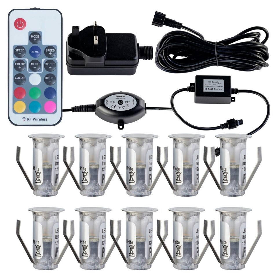 image 1 of Set of 10 - 15mm IP67 Colour Changing LED Decking Kit with Photocell Chrome | Clear