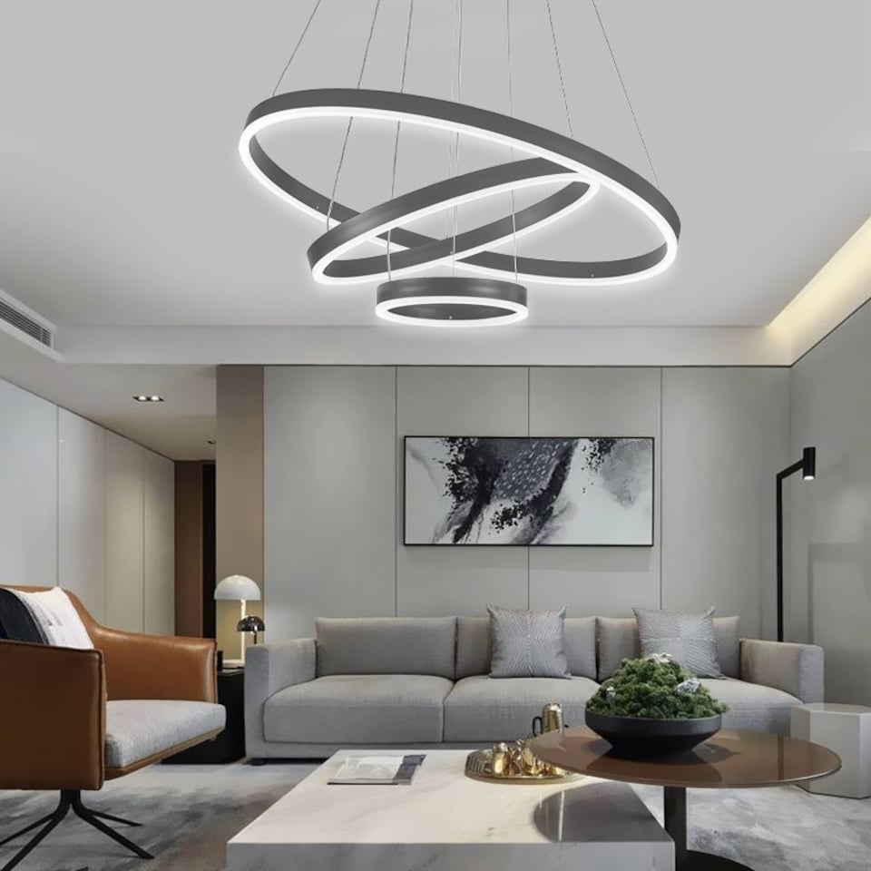 image 1 of Living and Home Modern 3-Ring Aluminum LED Pendant Light | Black