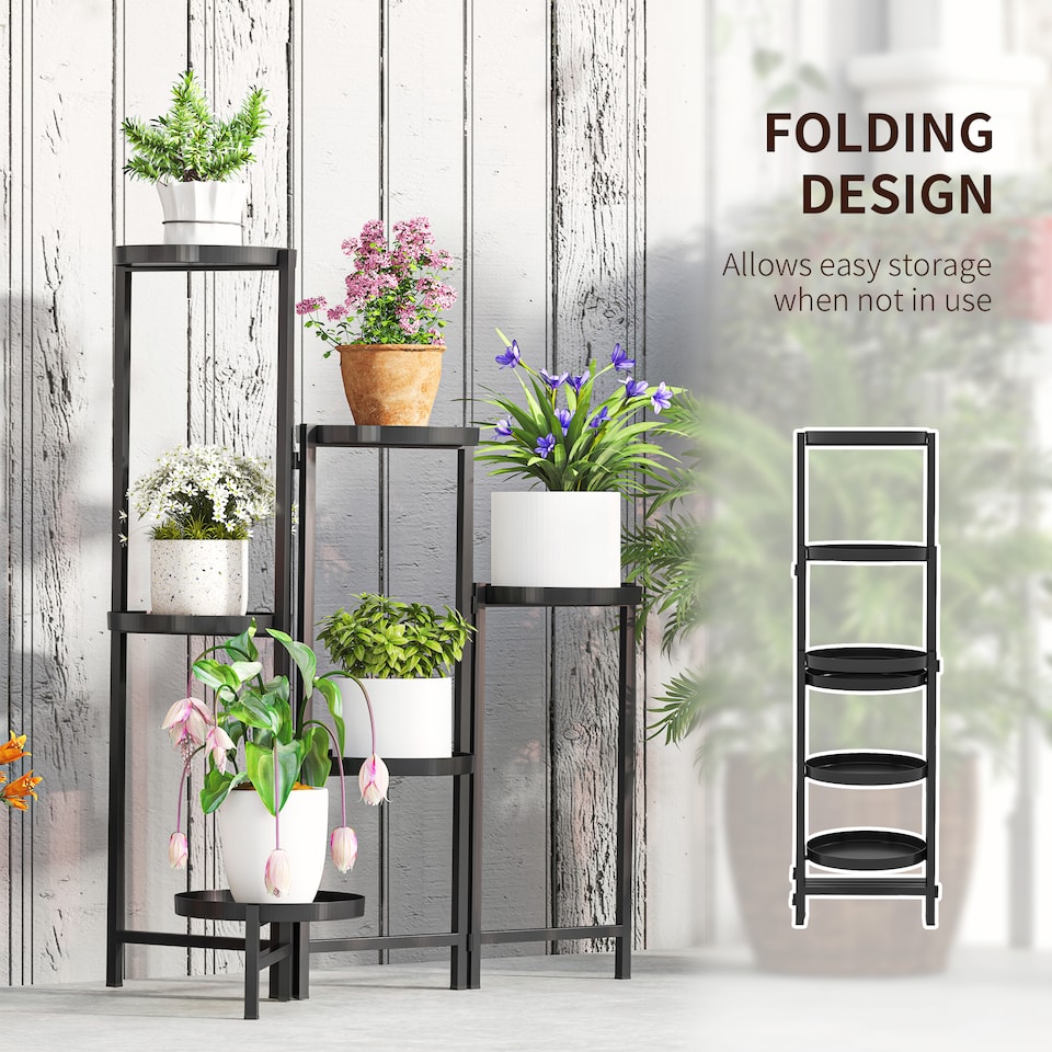 image 1 of Outsunny 3 Tier Foldable Corner Plant Stand for Indoor Outdoor, Black | Black | Black