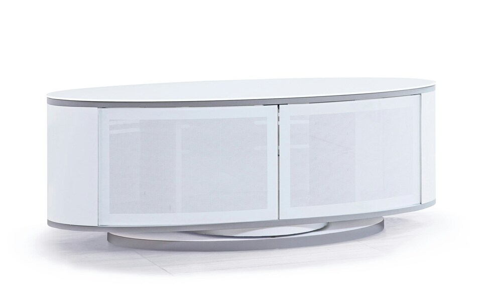 image 1 of MDA Designs LUNA Gloss White Oval Cabinet with White Profiles White BeamThru Glass Doors Suitable for Flat Screen TVs up to 50" | Multi | 1