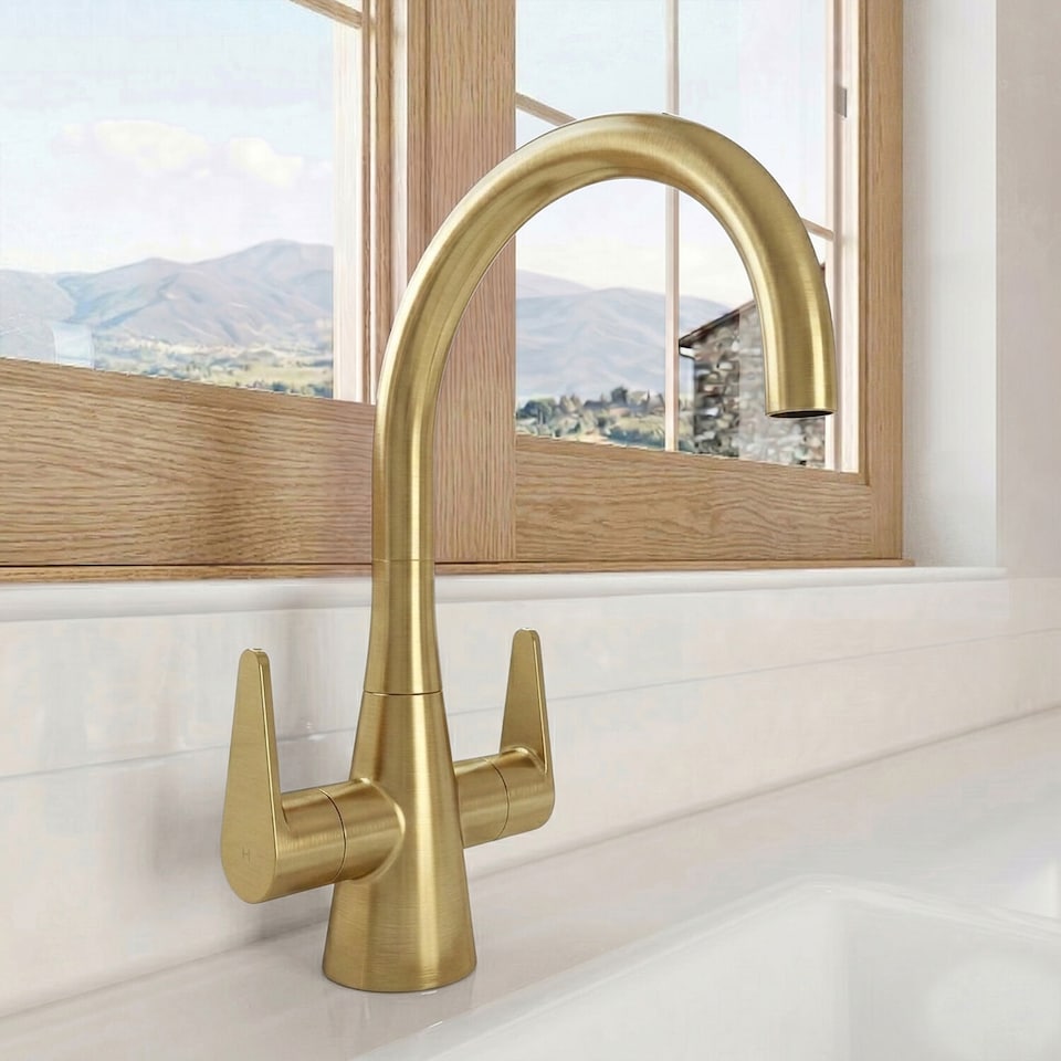 image 1 of Balterley Situla Kitchen Mono Mixer Tap with Dual Lever Handles, Curved Swivel Spout | Copper | Brushed Brass | 1