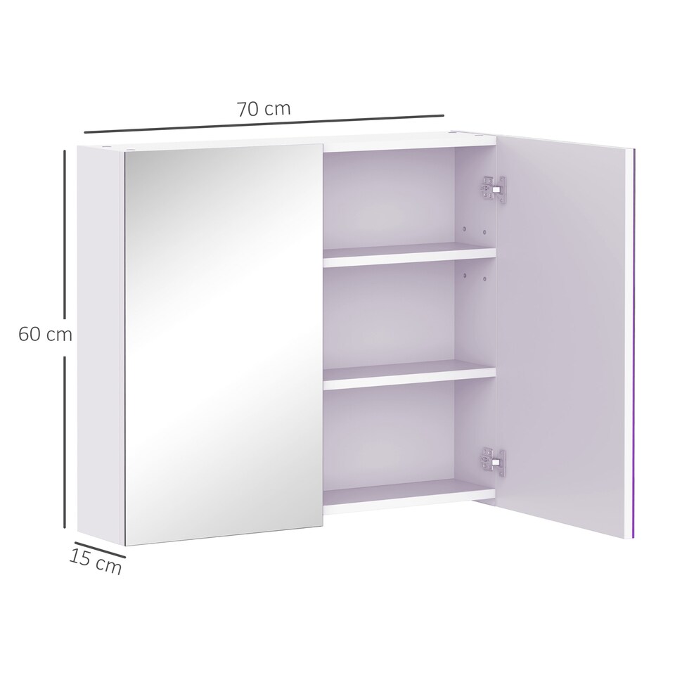 image 1 of HOMCOM Mirror Cabinet, Wall Mount Bathroom Storage Cabinet with Adjustable Shelf, Double Door Cupboard, 70 x 15 x 60 cm, White