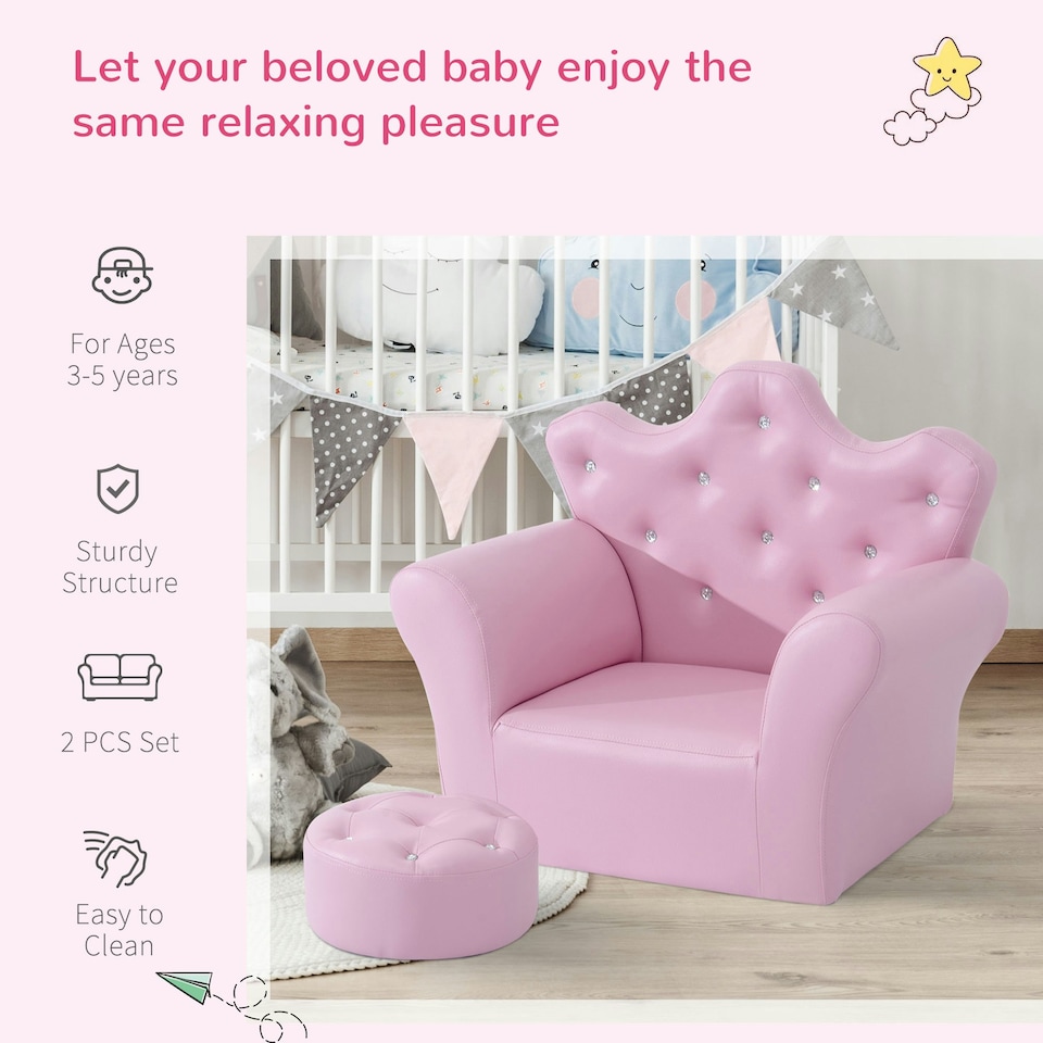 image 1 of HOMCOM Kids Sofa Set, 2PCs Crown-Themed Child Armchair with Ottoman, Pink | Pink | Chair