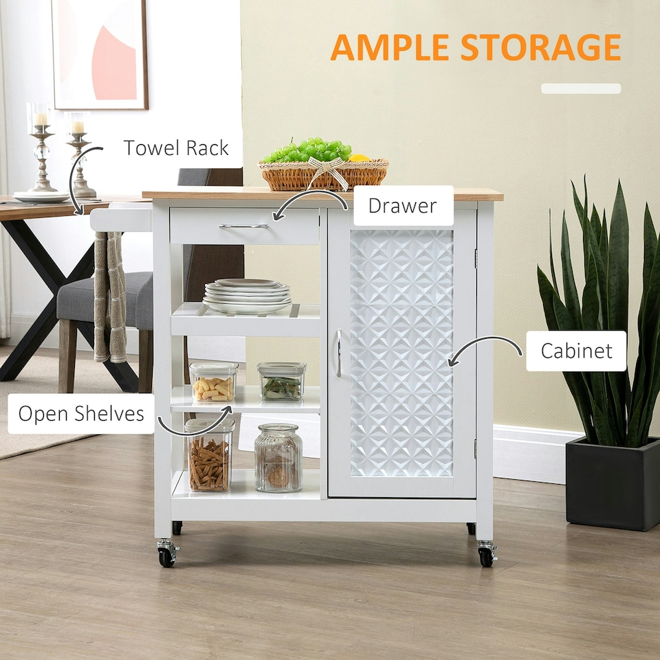 image 1 of HOMCOM Kitchen Cart on Wheels Trolley with Embossed Door Panel, Drawer, White