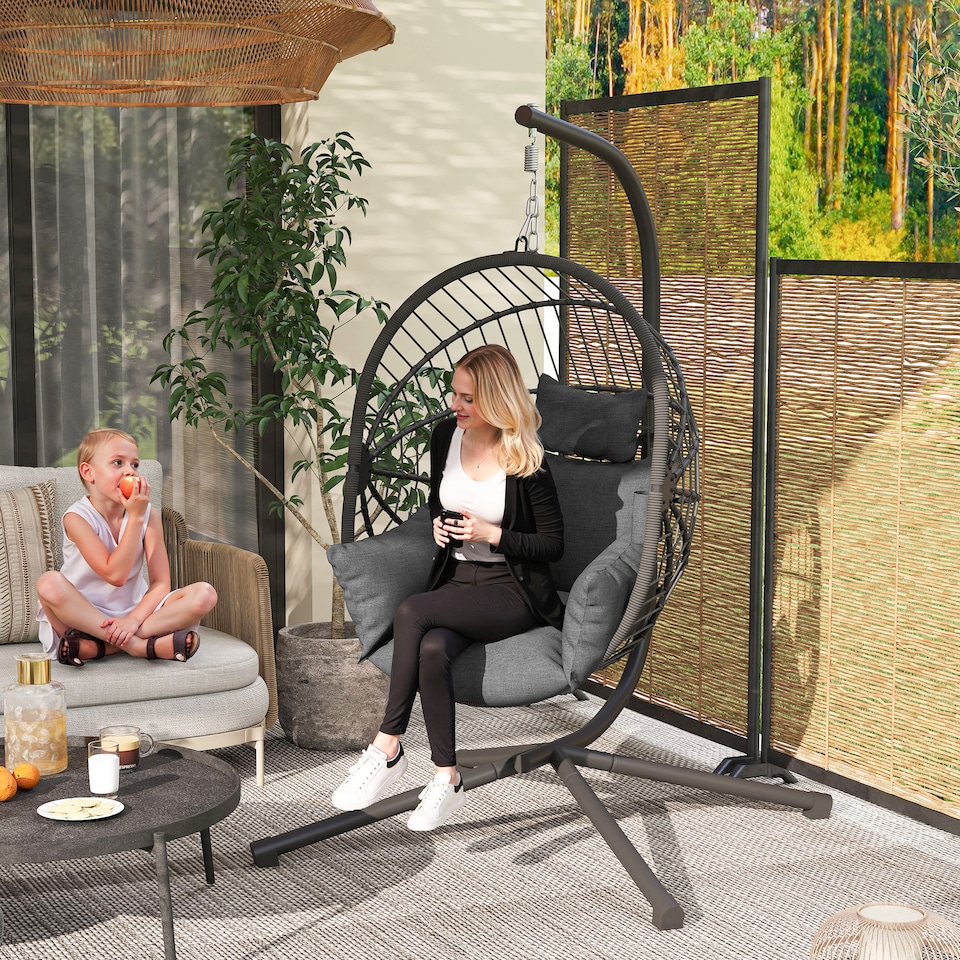 image 1 of Outsunny Hanging Swing Chair w/ Thick Cushion, Patio Hanging Chair, Grey