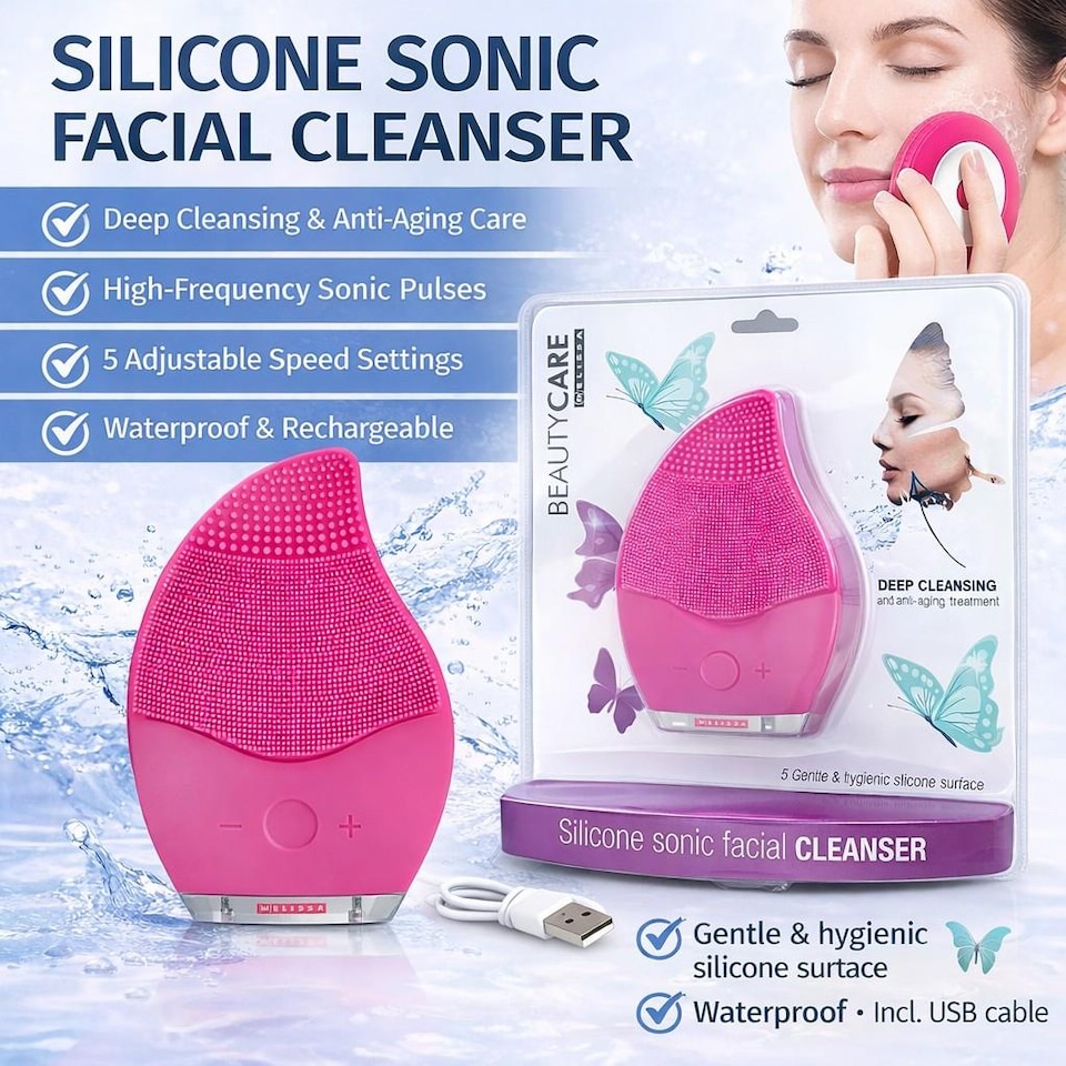 image 1 of MELISSA Electric Silicone Facial Cleansing Sonic Brush Face Skin Care Deep Cleaner Massager, USB Rechargeable - Pink