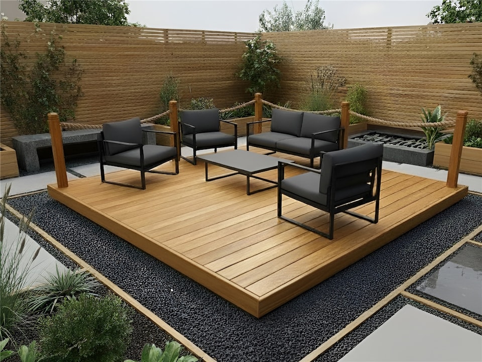 eDecks Balau Hardwood Timber Decking Kit, 145mm, 4.8 x 4.8m - Rope Handrails