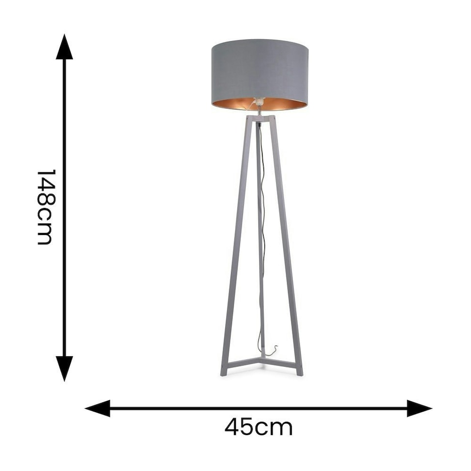 image 1 of ValueLights Lottie Grey Wood Tripod Floor Lamp with Grey and Copper Drum Shade