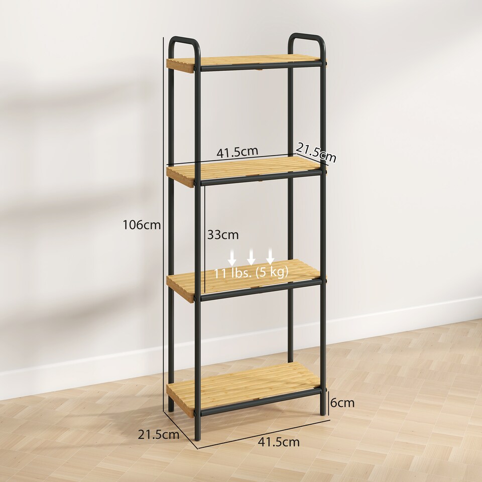 image 1 of HOMCOM 4-Tier Bamboo Bathroom Storage Shelf, Freestanding Narrow Shelving Unit with Slatted Shelves for Kitchen Bathroom Living Room, 41.5 x 21.5 x 106 cm, Natural and Black | Black