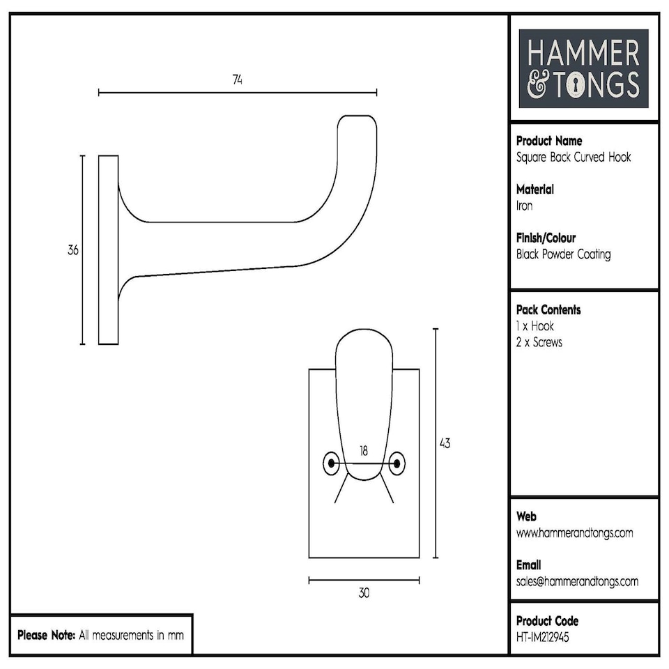 image 1 of Hammer & Tongs Square Back Curved Hook - W30mm x H45mm - Black