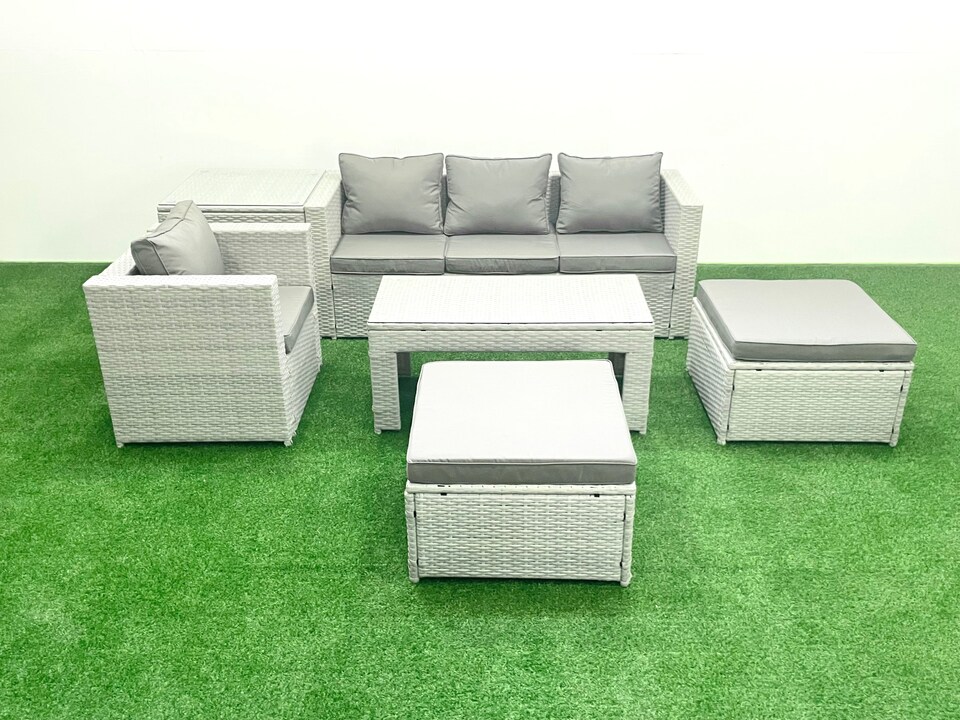 image 1 of Fimous Outdoor Rattan Garden Furniture Set with Grey Cushions Luxury 6 Seater with 2 Big Footstools and Coffee Table,Side Table For Conservatory,Patio