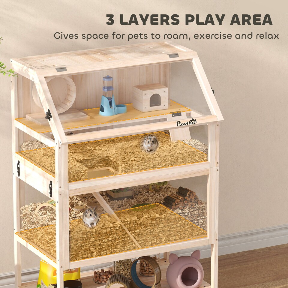 image 1 of PawHut Wooden Hamster Cage, 3 Tier Small Animal Cage with Detachable Lower Floor, Storage Shelf, Hut, Seesaw, Exercise Wheel, Ramps, Hamster Habitat for Dwarf, Gerbil, 80L x 53W x 117H cm, Natural