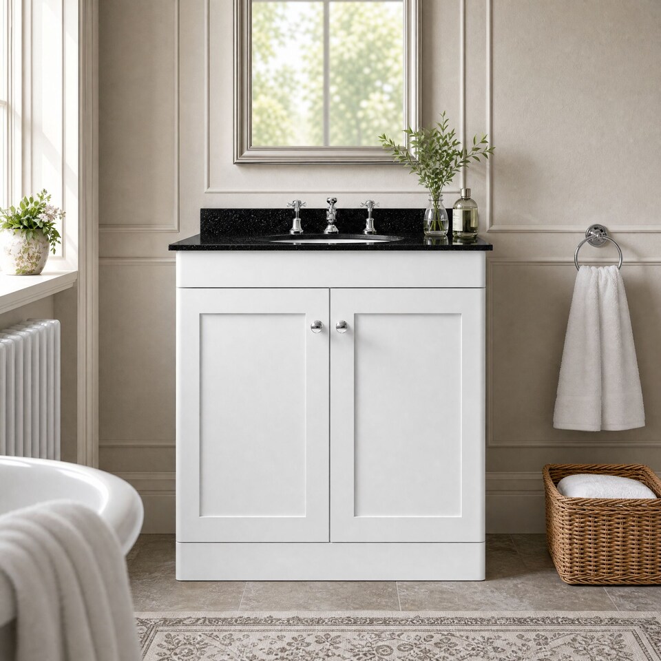 image 1 of Balterley Swynnerton Traditional 2 Door Floor Standing Vanity Unit with Marble Basin, Satin White, 800mm