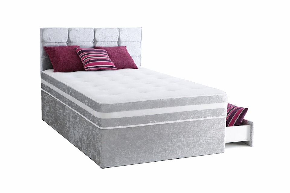 image 1 of 5ft kingsize Silver  Crushed Velvet Divan Bed Set Orthopaedic Mattress with Cube Headboard  No Drawers