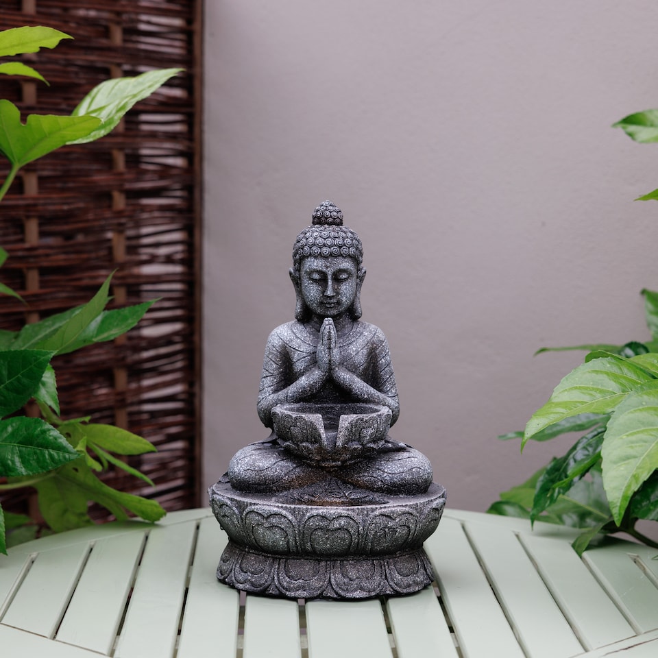 image 1 of Praying Buddha Tabletop Water Feature With LED Lights