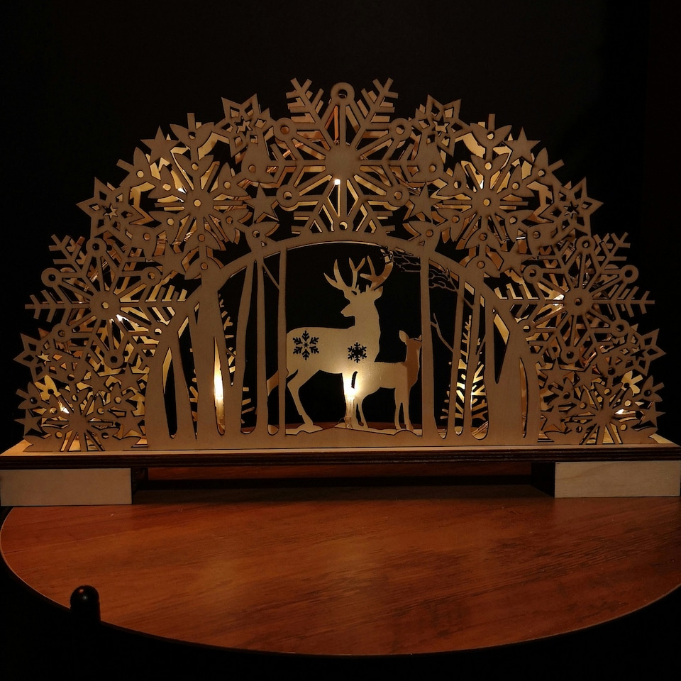 image 1 of 45cm Battery Operated Light up Wooden Christmas Deer with Snowflake Bridge & LEDs