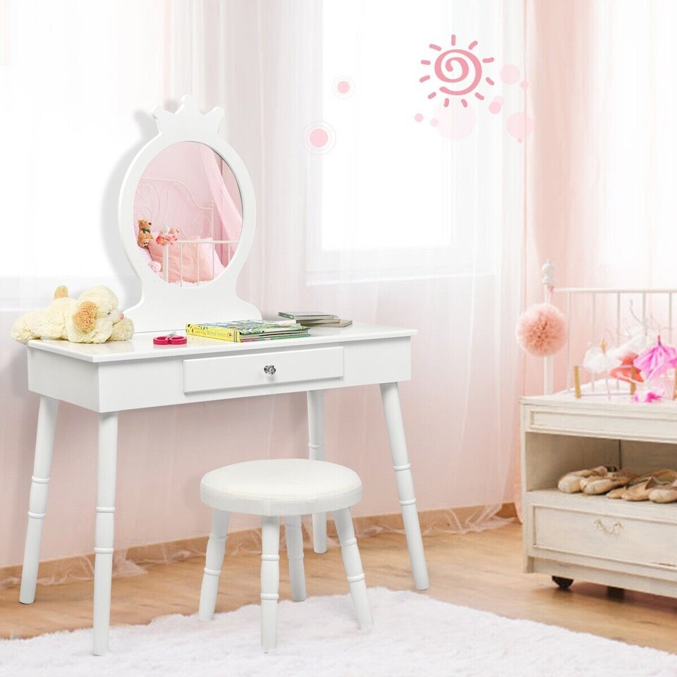 image 1 of COSTWAY Pretend Makeup Dressing Table Kids Vanity White