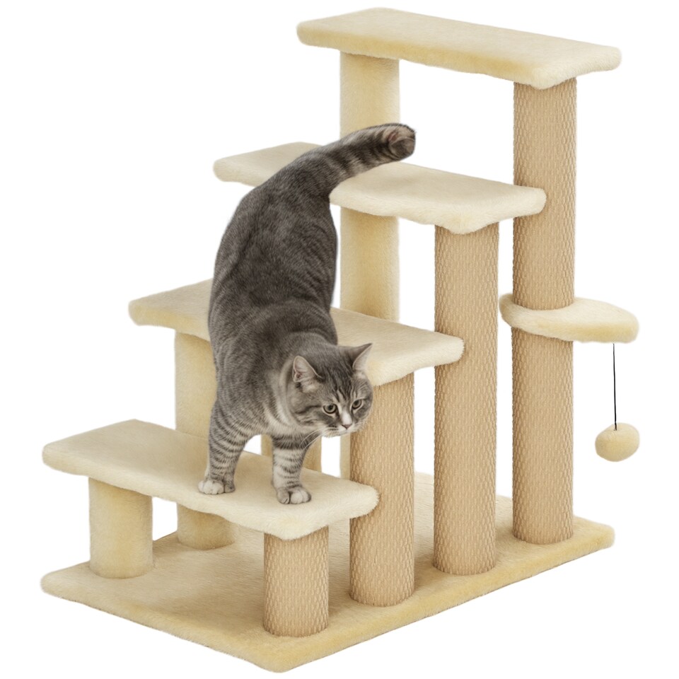 image 1 of pawHut Pet Stairs with 4-step Stair, Scratching Posts, Platforms, Toy Ball