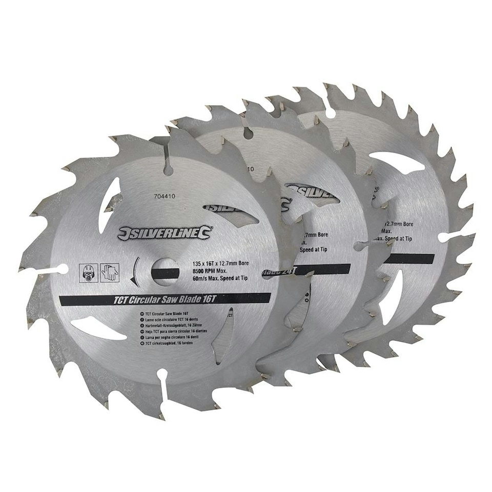Silverline - TCT Circular Saw Blades 16, 24, 30T 3pk - 135 x 12.7 - 10mm Ring