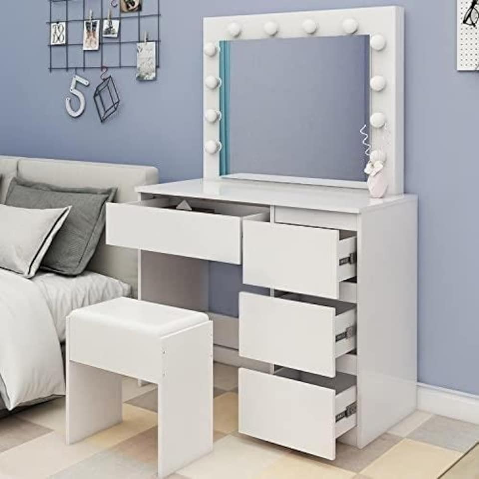 image 1 of White Dressing Table Hollywood LED Mirror Makeup Desk Vanity Table Bedroom Furniture White