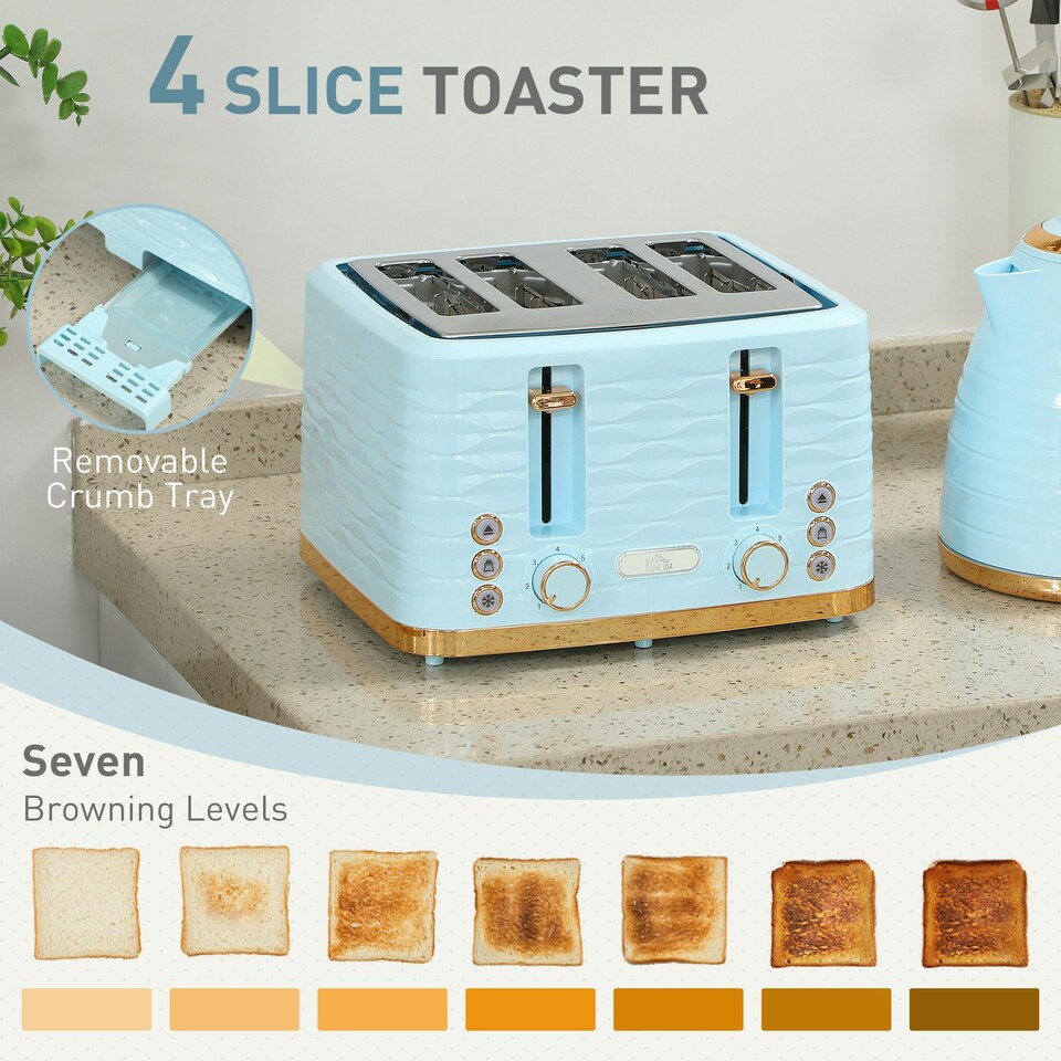 image 1 of HOMCOM Kettle and Toaster Set 1.7L Kettle & 4 Slice Toaster Light, Blue