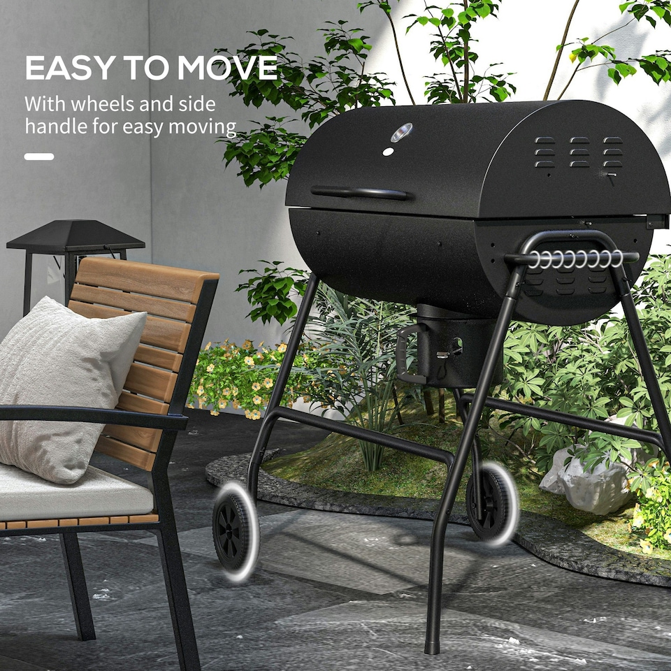 image 1 of Outsunny Barrel Charcoal Barbecue BBQ Grill Trolley W/ Ash Catcher Thermometer