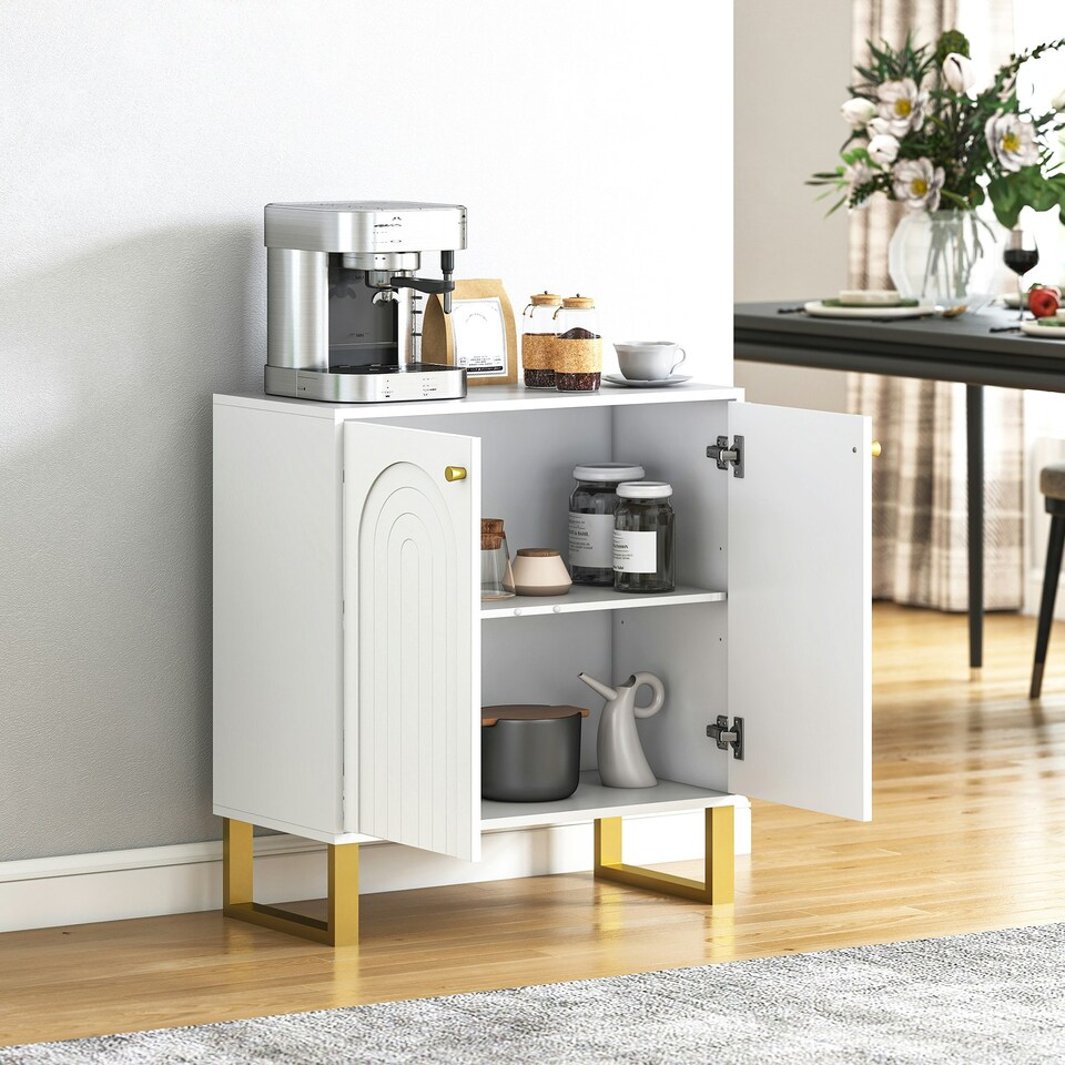 image 1 of HOMCOM Sideboard with Adjustable Shelves & 2 Doors for Living Room, White White | Gold
