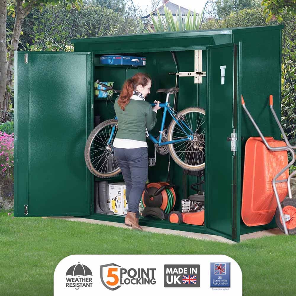 ASGARD Trojan Plus all metal bike shed & garden shed in GREEN with 5 point locking. Electric ready (7 x 3)
