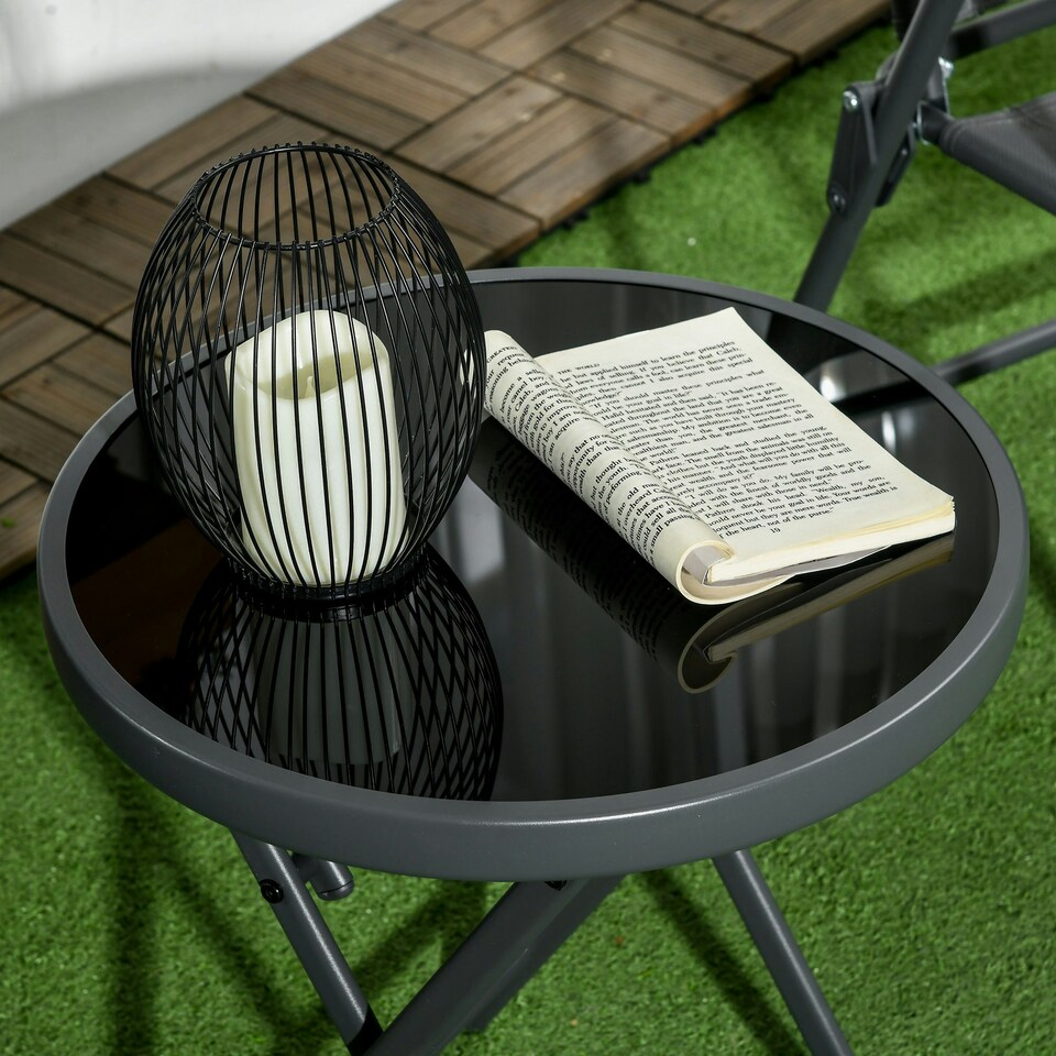 image 1 of Outsunny Round Folding Side Table w/ Imitation Marble Glass Top, Black
