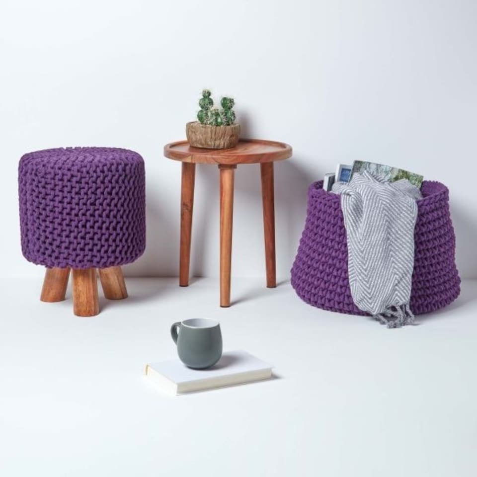 image 1 of Homescapes Deep Purple Tall Cotton Knitted Footstool on Legs
