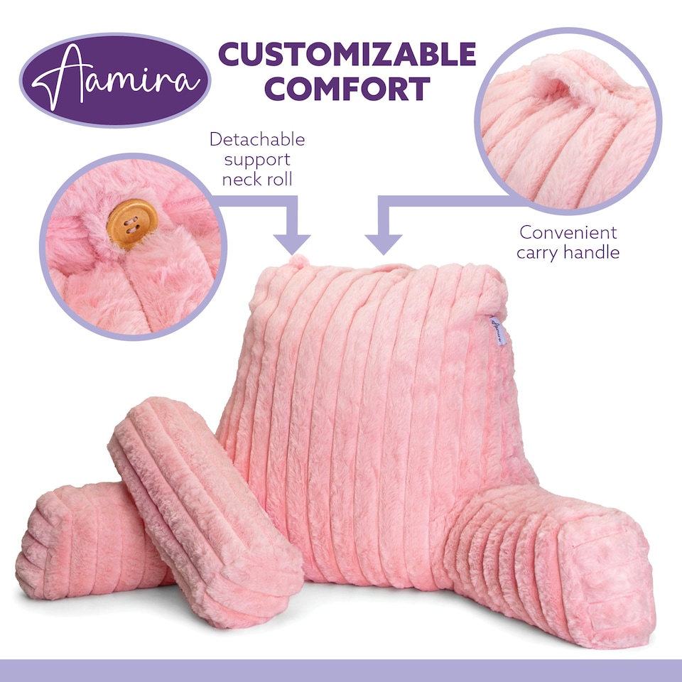 image 1 of Aamira Reading Pillow Pink Faux Fur Ribbed Memory Foam Support Cushion | Pink | Pink | Standard | 1